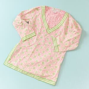Gretchen Scott Okeefe Pink Green Trim Pattern Tunic Top Size Large 100% Cotton